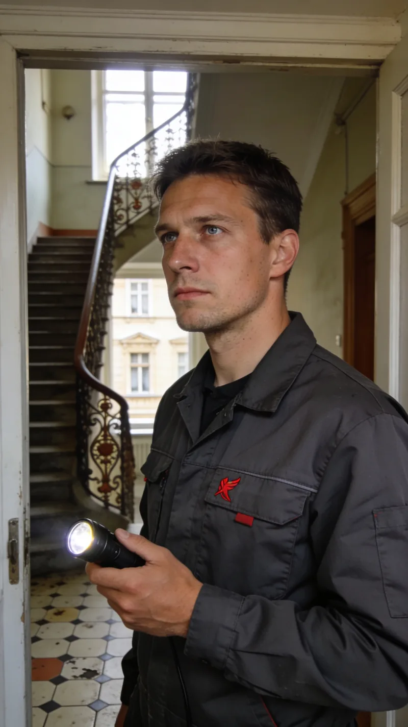Schädlingsbekämpfer der CMB Kammerjäger im Einsatz in einem deutschen Altbau-Treppenhaus